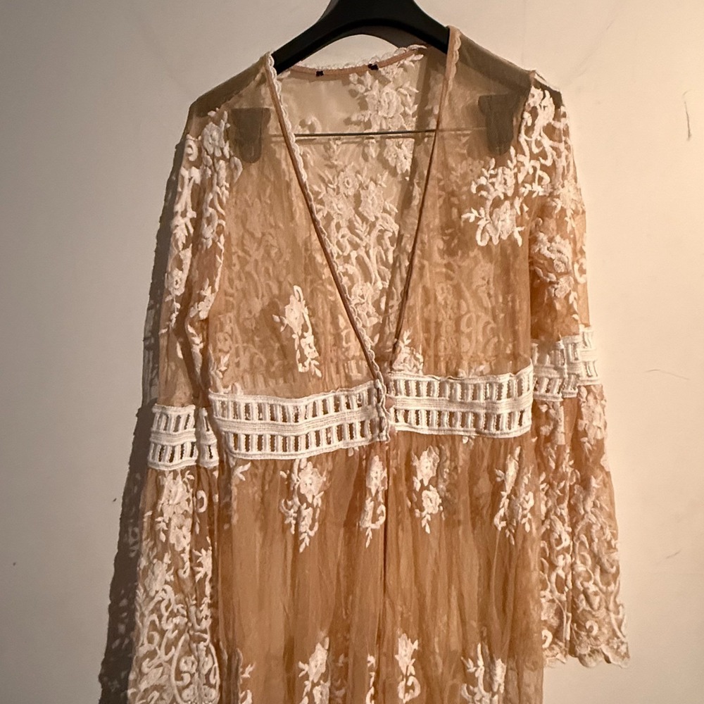 Y2K Lace Embroidered Maxi Kimono Sheer Boho Hippie Crochet Cottagecore Festival - Picture 2 of 6